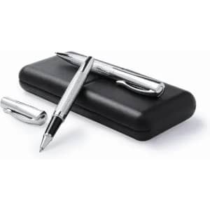 A black pen case holds two silver pens with sleek designs, one capped and one uncapped.
