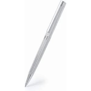 A sleek silver pen with a polished finish and a retractable design, featuring a detailed grip.