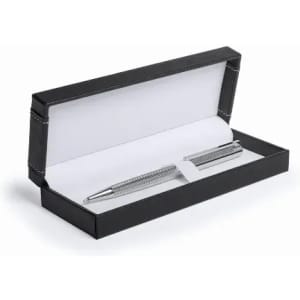 A silver pen in a black gift box with a white interior, elegantly presented.
