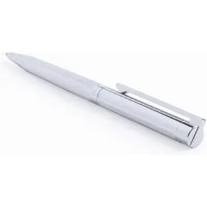 A silver pen with a textured grip and clip design, resting on a white background.