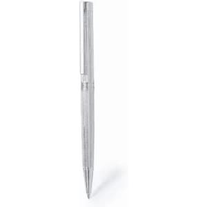A silver pen with a sleek design and a textured barrel, featuring a clip and a retractable point.