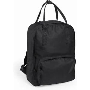 A black backpack with a main compartment and a front pocket, featuring two top handles and adjustable straps.