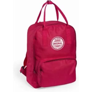 A pink backpack with a circular logo on the front and a front zip pocket. It features dual handles and adjustable straps.