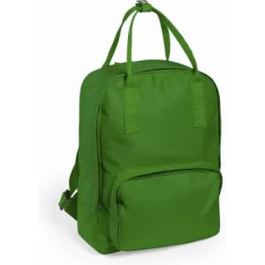 A green backpack with two top handles and a front pocket. Features adjustable shoulder straps.