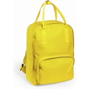 A yellow backpack with a front pocket and dual top handles. It features adjustable shoulder straps.