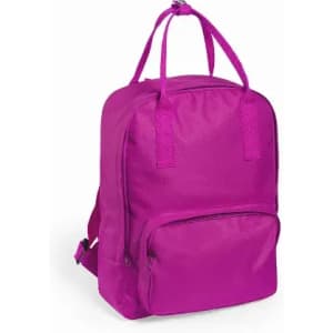 A pink backpack with two straps and a front pocket, featuring a smooth fabric finish and a simple design.