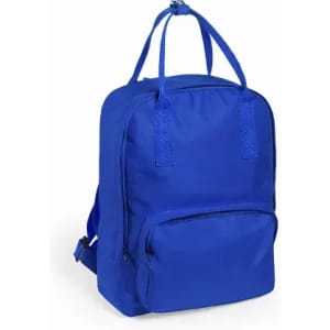 A blue backpack with a front pocket and two shoulder straps. It features a sturdy design suitable for everyday use.