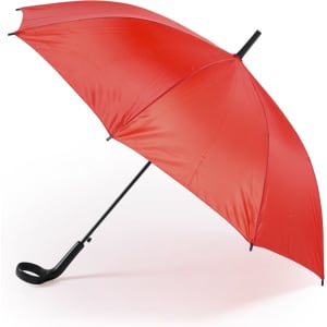 A red umbrella with a black handle, featuring a simple design and a smooth finish.