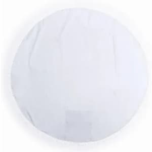 A round, white promotional product with a textured surface and a decorative edge, featuring a logo.