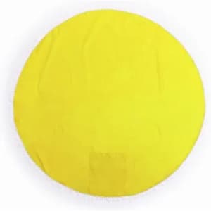 A yellow round promotional product with a stitched edge, featuring a logo at the centre.