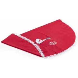 A red promotional product with a fringe and a logo, featuring a rounded shape.