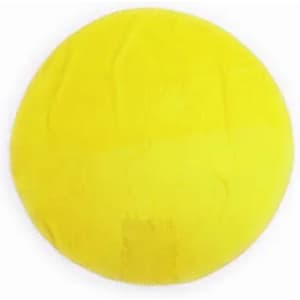 A round, bright yellow product with a smooth texture, featuring a centre logo.