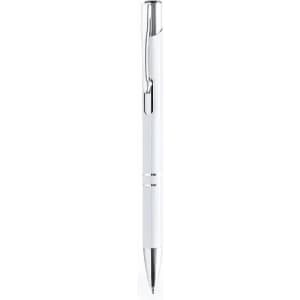 A pen with a white barrel and silver accents, featuring a clip and a retractable mechanism.