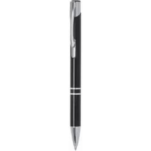A pen featuring a sleek black body with silver accents and a clip. It has a smooth writing tip.