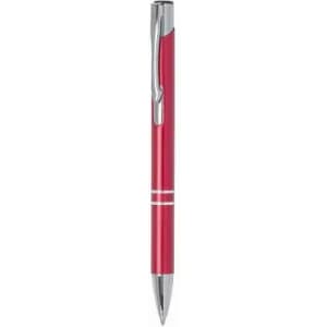 A red pen with a shiny silver clip and accents, featuring a sleek design.