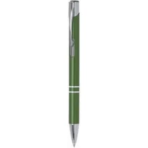A green pen with a silver clip and detailing, featuring a sleek, modern design.