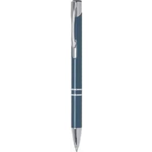 A pen in a dark blue metallic finish with silver accents and a clip, featuring a sleek, modern design.
