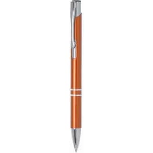 An orange pen with a silver clip and details on the body, featuring a shiny chrome tip.