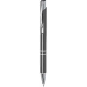 A black pen with silver accents and a clip, featuring a sleek, modern design.
