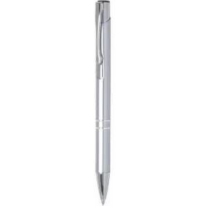A sleek silver ballpoint pen with a polished finish, featuring a clip and smooth writing tip.