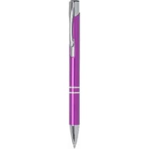 A purple pen with a silver clip and decorative bands. It has a sleek, modern design.
