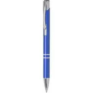 A blue pen with a silver clip and accents, featuring a sleek design and a shiny tip.