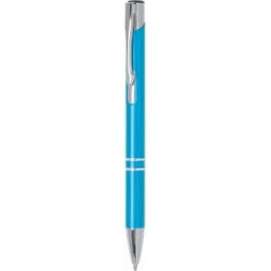 A blue pen with a silver clip and accents, featuring a sleek design.