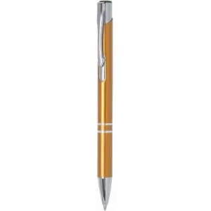 A pen featuring a sleek orange barrel, metallic clip, and silver accents. It has a smooth, modern design.