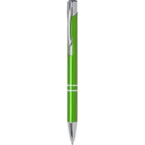 A green pen with a chrome clip and silver accents, featuring a sleek design.
