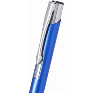 A blue pen with a shiny silver clip and a smooth finish, featuring a sleek design.