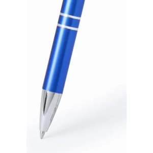 A blue pen with a silver tip and decorative silver bands near the top. It has a sleek, metallic finish.