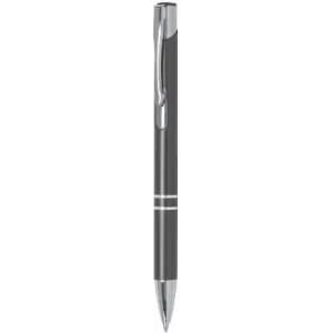 A black pen with a sleek design and chrome accents, featuring a clip and a shiny tip.
