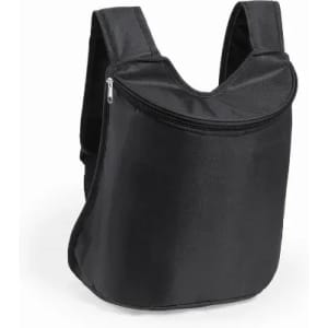 A black backpack with a zippered front pocket and a simple, streamlined design. It features adjustable straps.