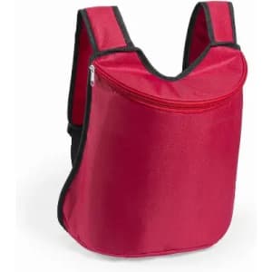 A red backpack with a zippered compartment and black trim. It has a simple, ergonomic design.