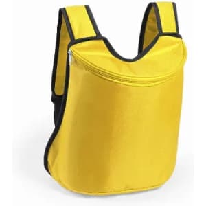 A backpack with a yellow front and black straps, featuring a zippered compartment.