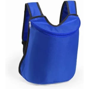 A blue backpack with a zippered front pocket, featuring a simple and functional design.
