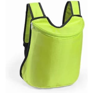 A backpack in bright lime green, featuring a zippered closure and black accents. It has a simple, modern design.