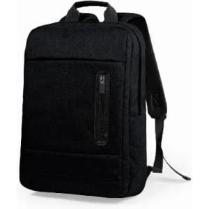 A black backpack featuring a front zip pocket and adjustable straps, with a sleek and modern design.