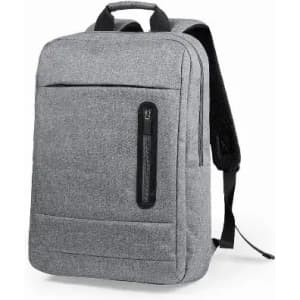 A grey backpack with a front zip pocket and padded shoulder straps. It features a sleek, modern design.