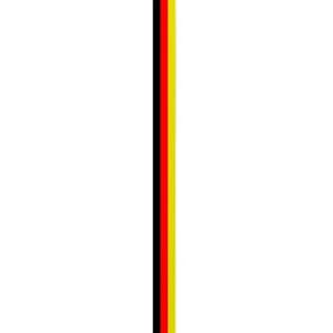 A vertical striped ribbon in black, red, and yellow with a logo at the top.