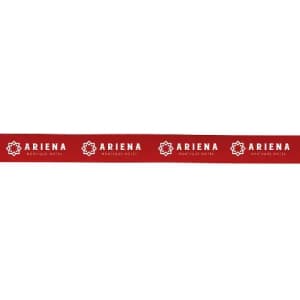 A red ribbon featuring repeated logos, displaying the word "Ariena" in a bold font.