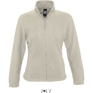 A light grey women's zippered fleece top with a high collar and a fitted design, featuring a logo.