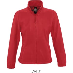 A red fleece top for women featuring a zippered front and a stand-up collar. It has a brand logo on the tag.