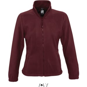 A maroon women's fleece zippered jacket with a high collar and a fitted design, featuring a logo on the inside.