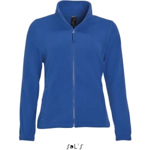 A women's zippered fleece top in bright blue, featuring a stand-up collar and a logo on the label.