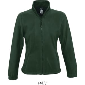 A green women's fleece zippered top with a high collar and fitted design, featuring a branding logo.