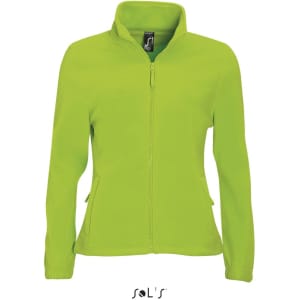 A zippered fleece top for women in bright green, featuring a high collar and two side pockets. It has a brand logo.