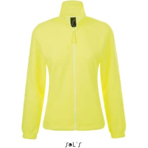 A women's zippered fleece top in bright yellow with a high collar and long sleeves, featuring a logo.