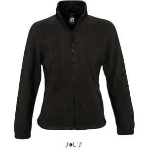 A black zippered fleece top for women featuring a stand-up collar and a fitted design. The product includes branding.