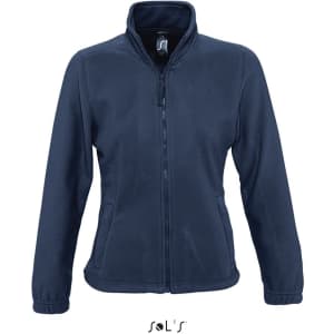 A women's zippered fleece top in navy blue, featuring a stand-up collar and a fitted design.